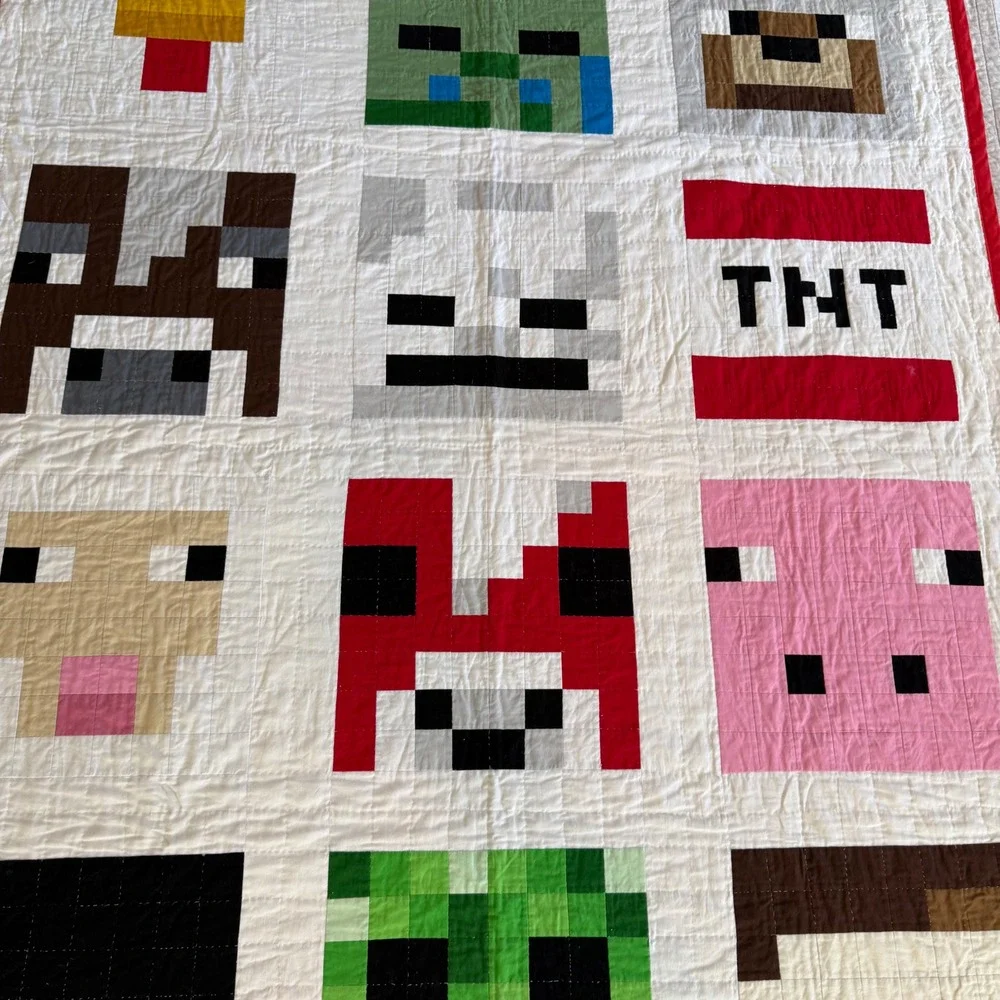 Handmade Minecraft Character Patchwork Quilt 50x65 Red Border Gamer Bedding